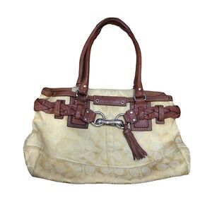 Coach Yellow canvas Tan leather handles Long Shoulder Bag Purse Silver hardware